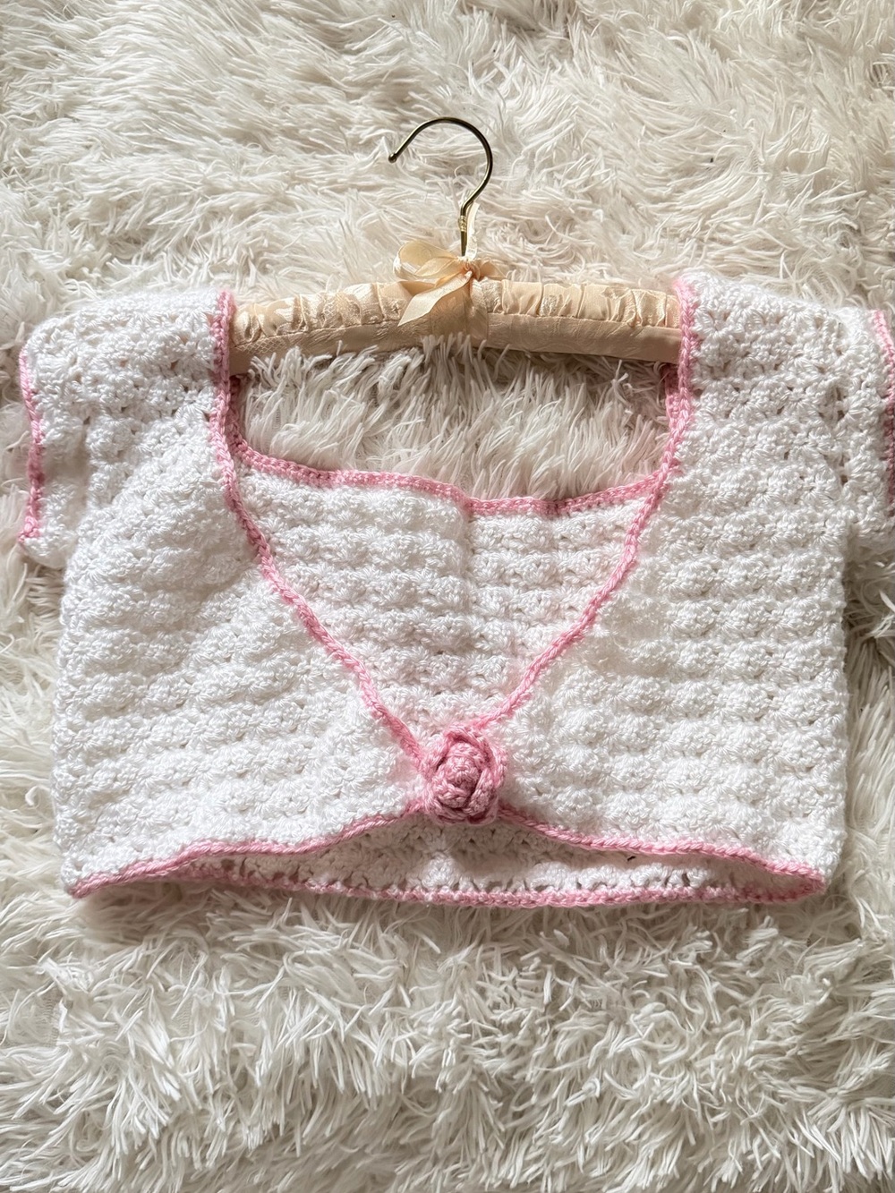 Handmade White Crochet Baby Cardigan with Pink Trim